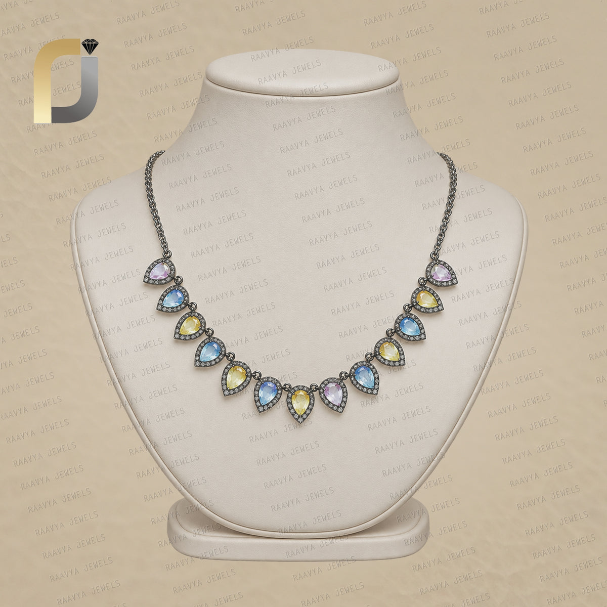 Multi Sapphire Gemstone Pave Diamond Oxidized 925 Silver Chain Necklace