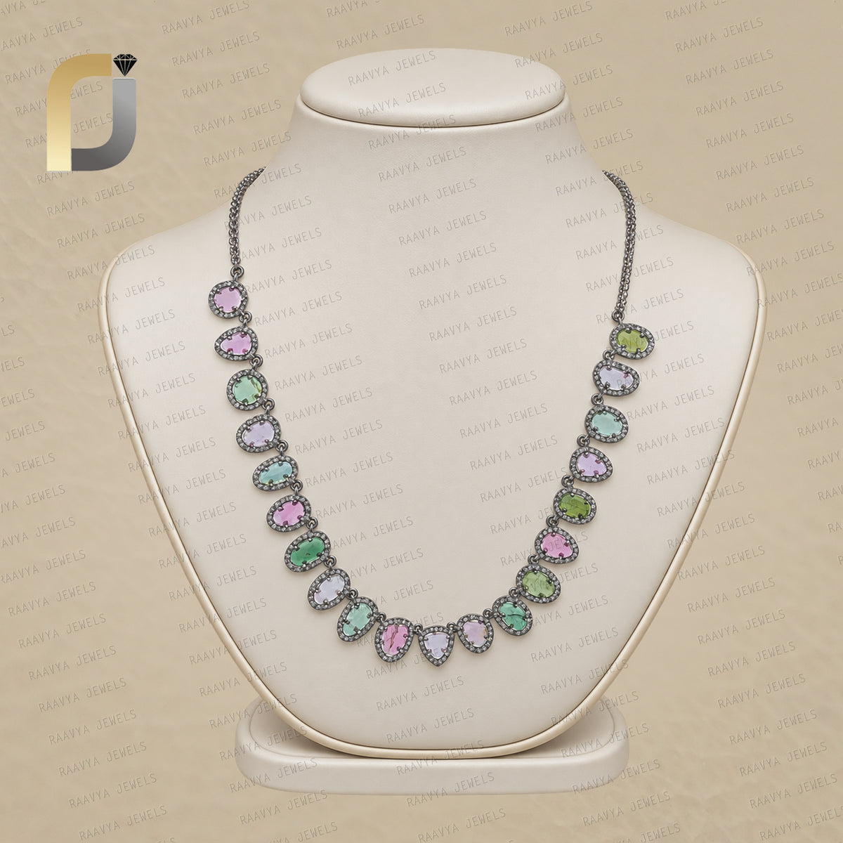 Solid 925 Silver Tourmaline Necklace Natural Diamond Women's Jewelry