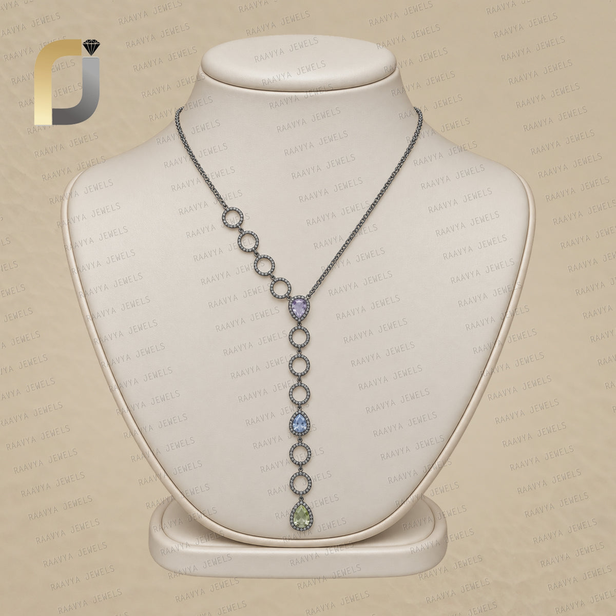 Solid 925 Silver Y Necklace Pave Diamond Jewelry Natural Multi Sapphire Necklace