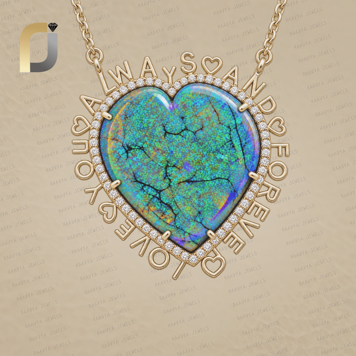 14k Solid Gold Diamond Opal Gemstone Heart Pendant Necklace