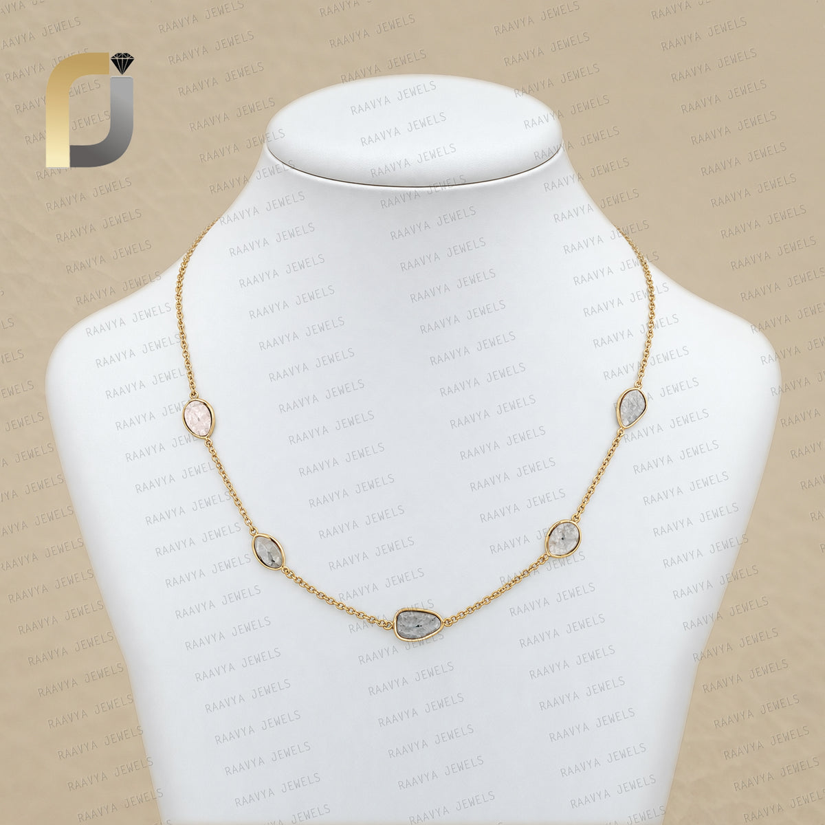 Solid 14k Yellow Gold Slice Polki Diamond Necklace Fine Jewelry