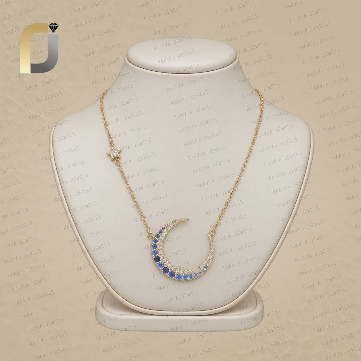Pave Diamond Solid 14k Gold Moon Star Pendant Necklace Natural Blue Sapphire Jewelry