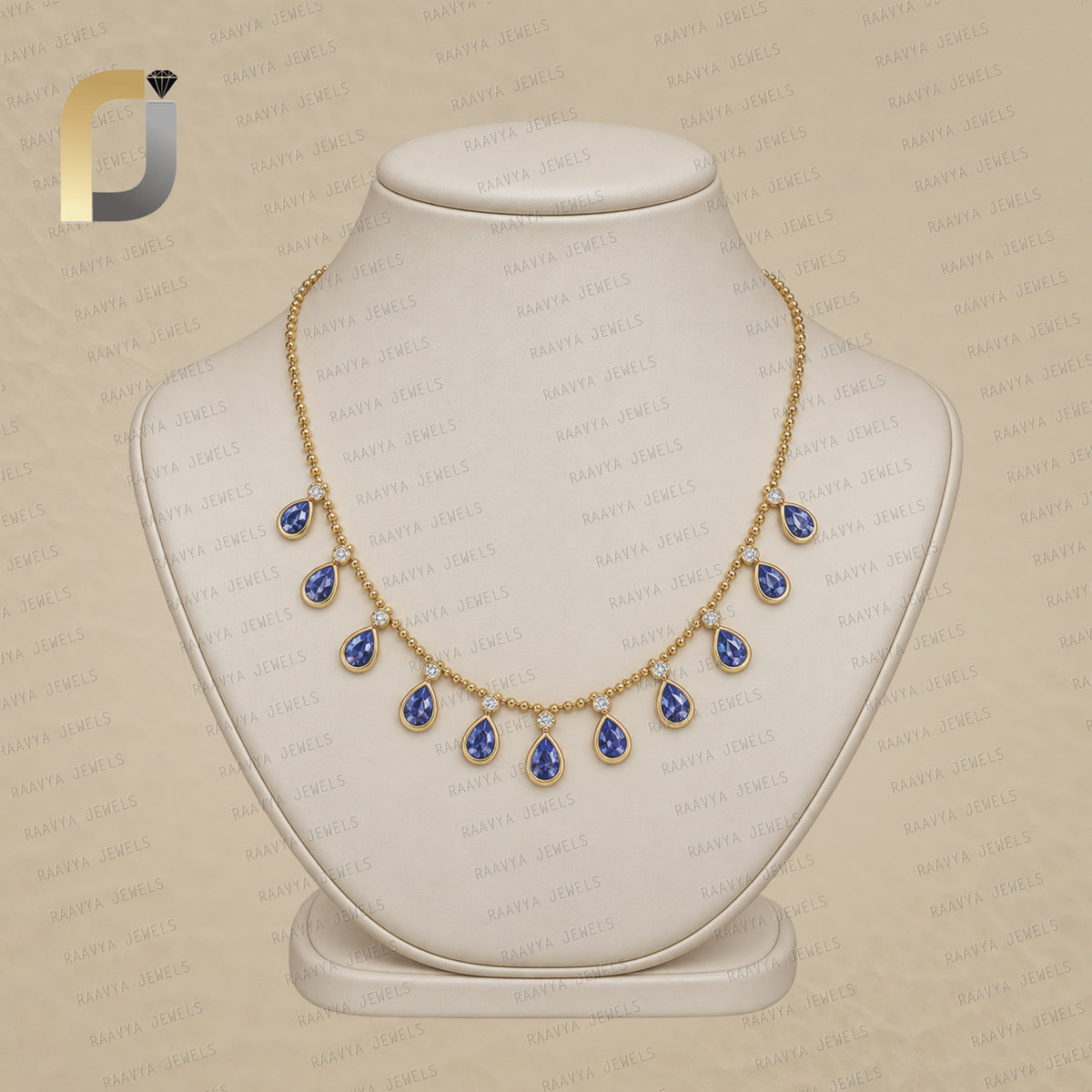 Blue Sapphire Drops 14k Gold Diamond Necklace Ball Chain Fine Jewelry
