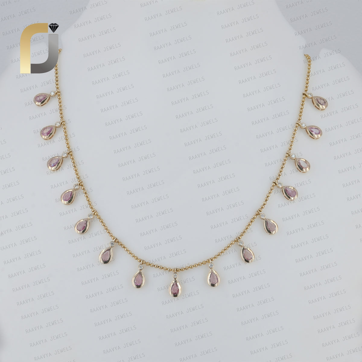 14K Solid Yellow Gold Pink Sapphire Pear Drop Gemstone Necklace