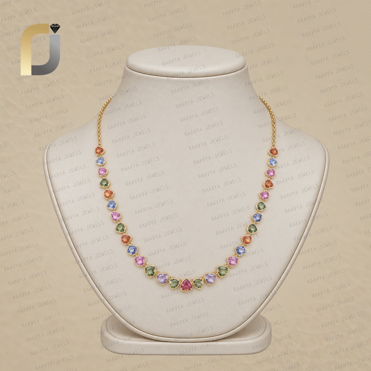 Solid 14k Yellow Gold Necklace Natural Multi Sapphire Jewelry