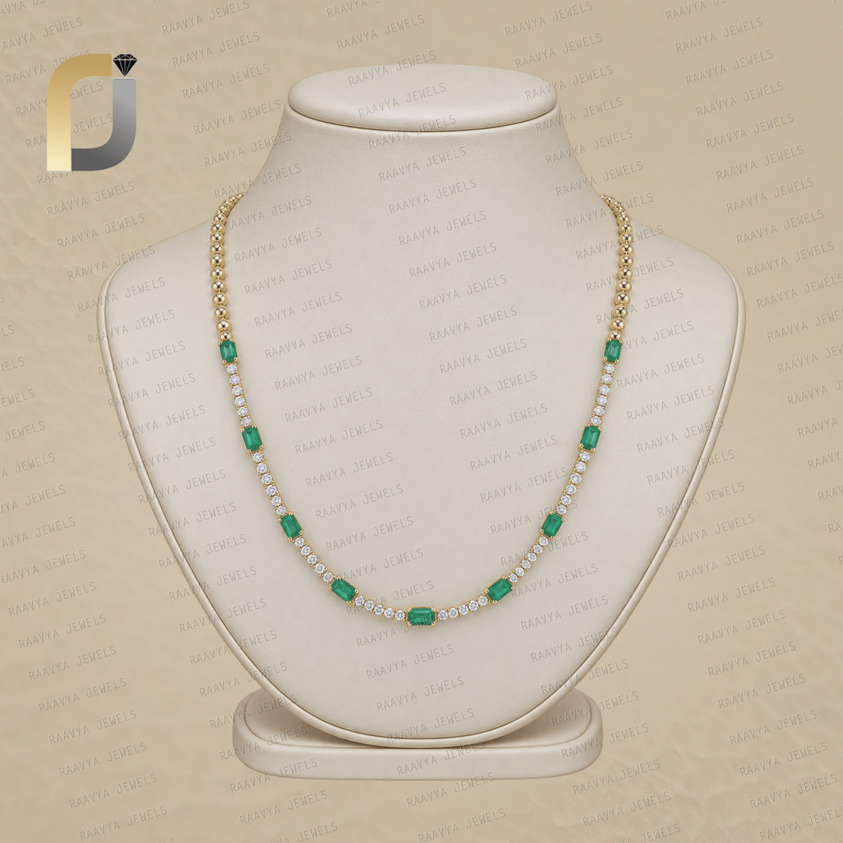 14K Yellow Gold White Diamond & Emerald Gemstone Solid Gold Handmade Necklace