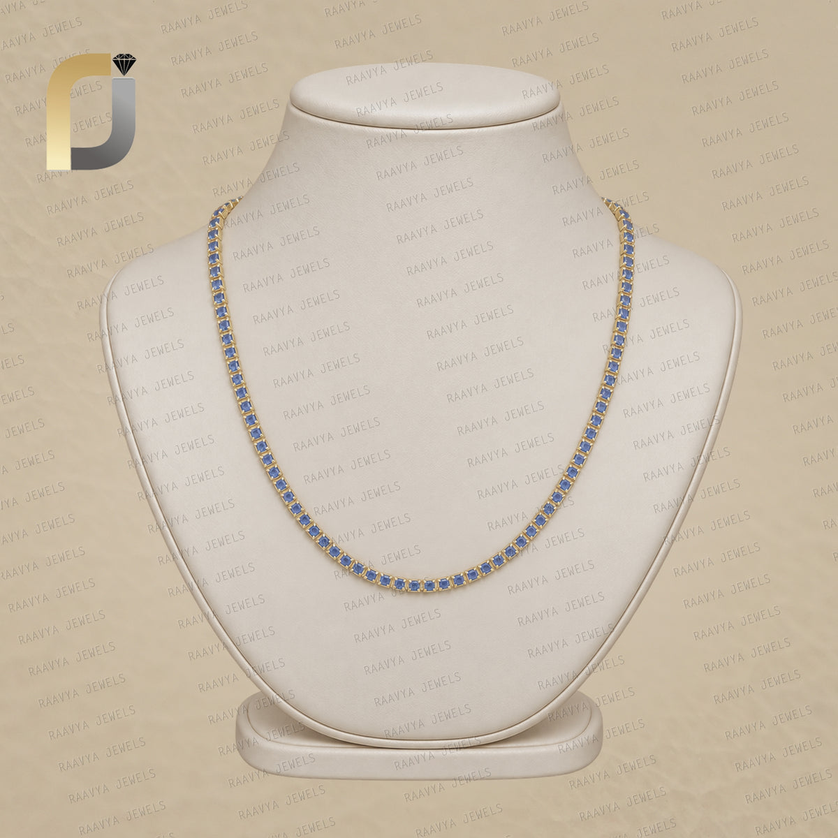 14K Solid Gold Blue Sapphire Square Designer Necklace
