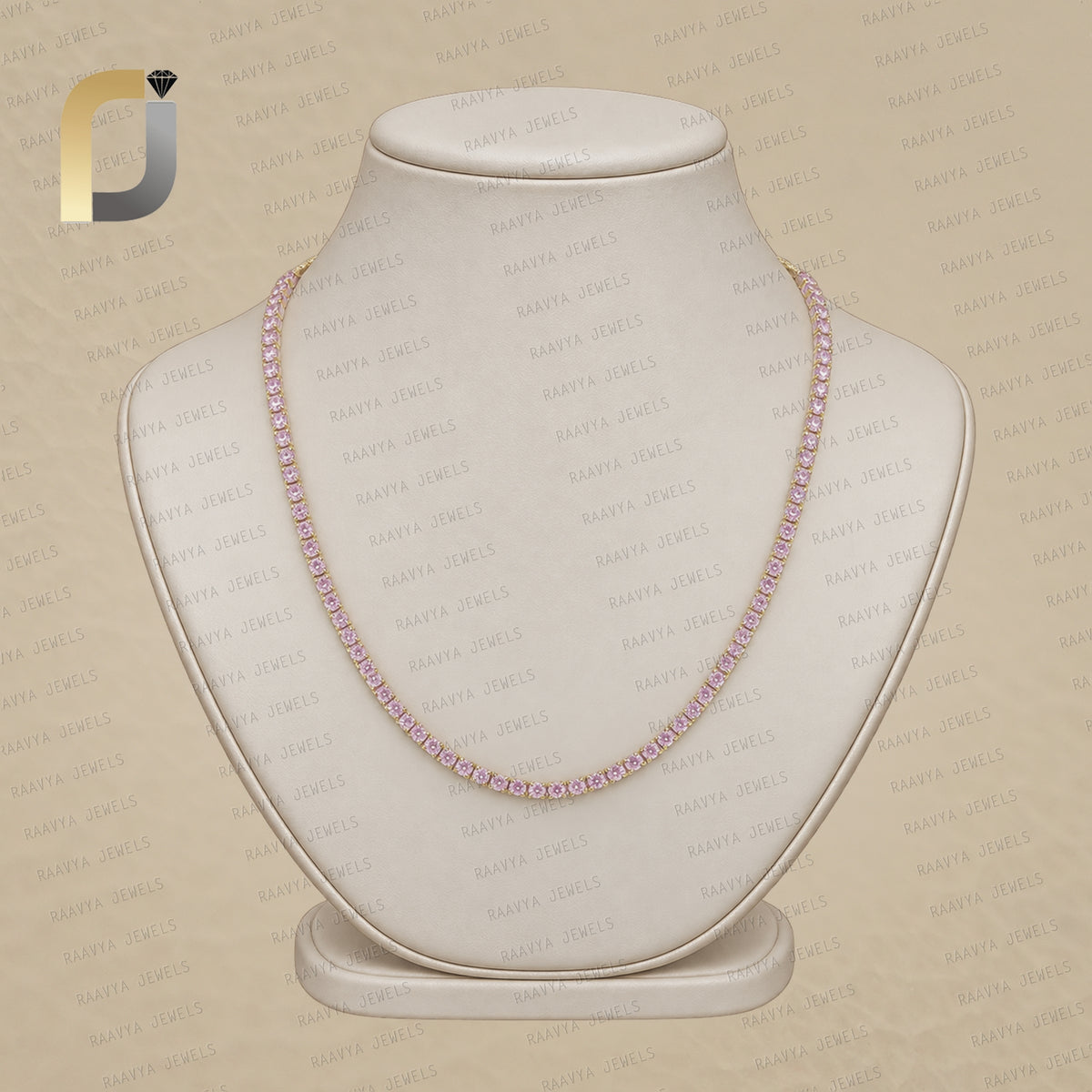14K Solid Yellow Gold Round Pink Sapphire Tannis Necklace