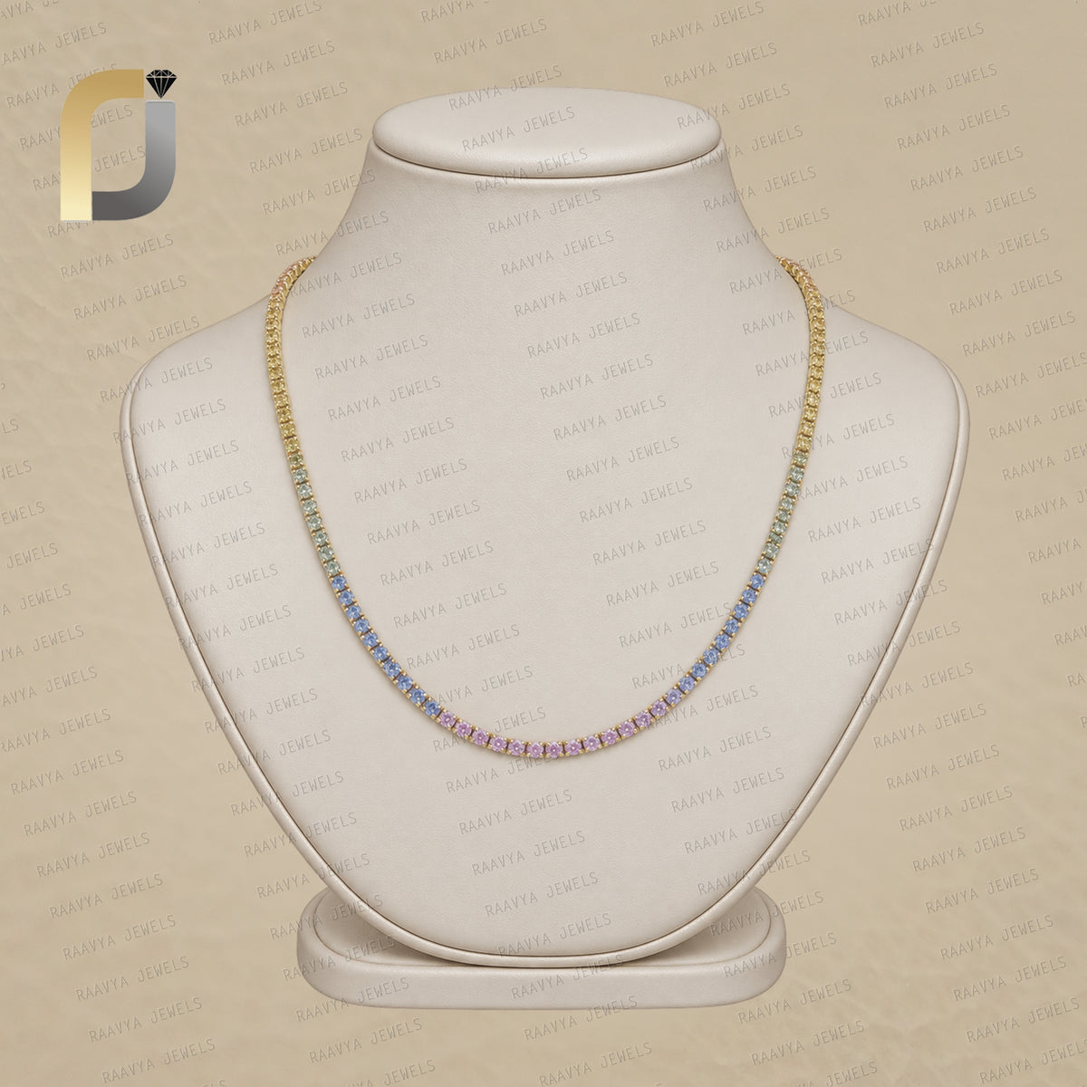 Multi Sapphire Gemstone Solid 14K Yellow Gold Necklace