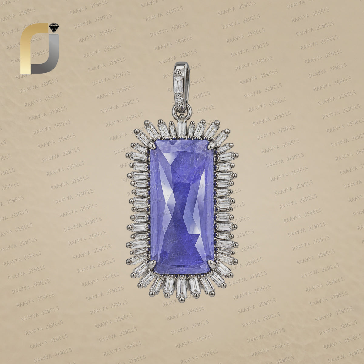 Tanzanite Gemstone Baguette Diamond Silver Pendant