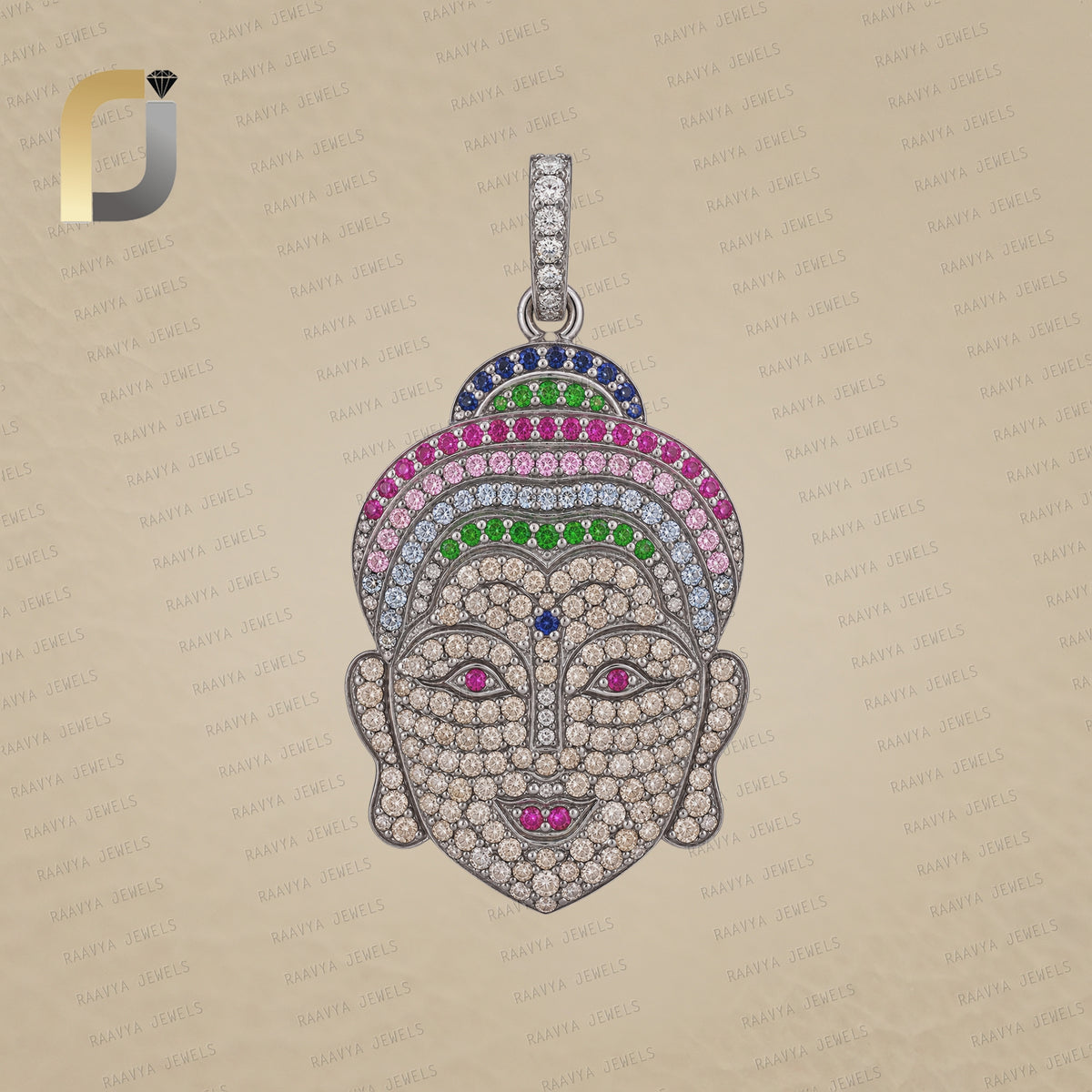 Champagne Diamond Gemstone Buddha Face Pendant Silver Jewelry