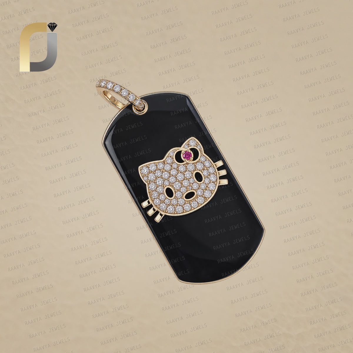 Black Enamel Diamond Kitty Tag Pendant