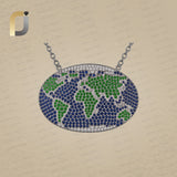 Blue Sapphire Diamond Silver World Map Pendant Necklace