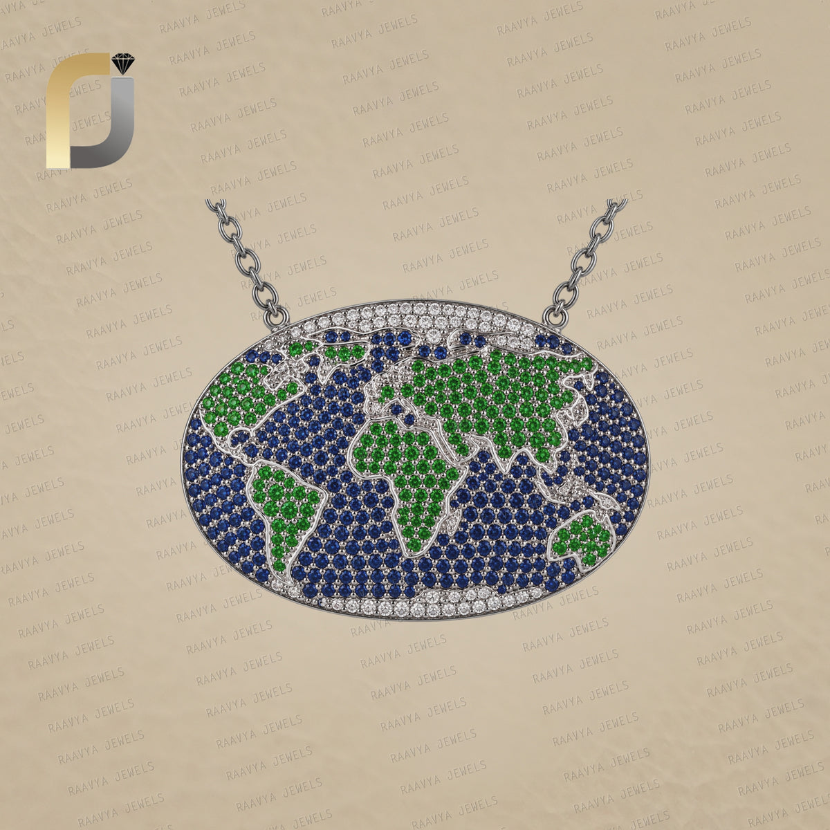 Blue Sapphire Diamond Silver World Map Pendant Necklace