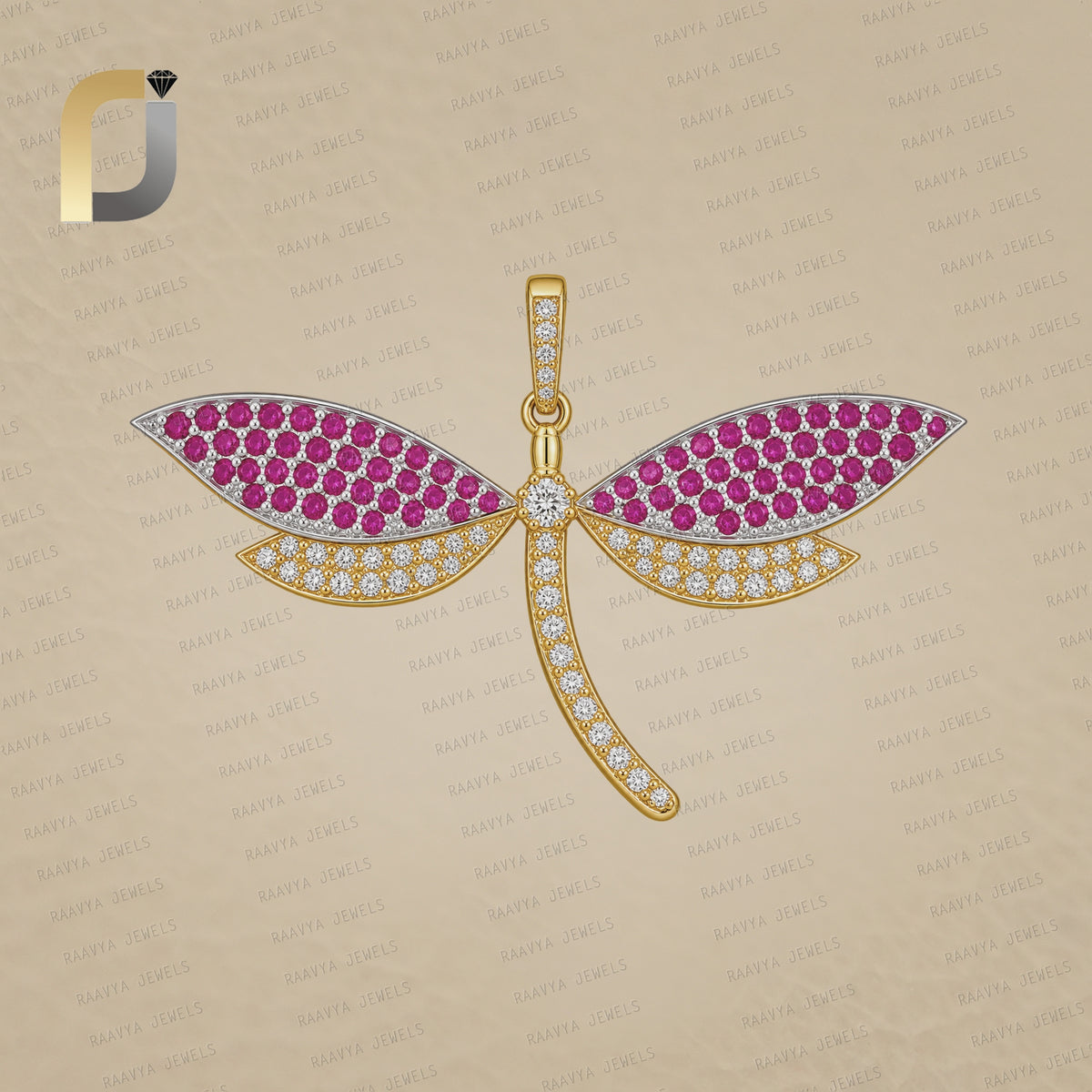 Solid 14k Yellow Gold Dragonfly Charm Natural Ruby 925 Silver Pendant