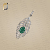 Emerald Gemstone Pave Diamond Plume Pendant 925 Silver Jewelry