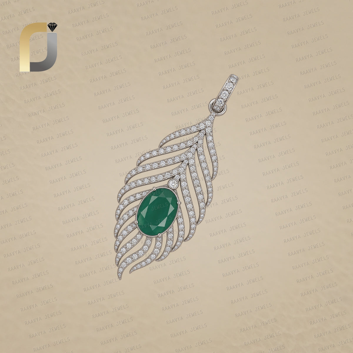 Emerald Gemstone Pave Diamond Plume Pendant 925 Silver Jewelry