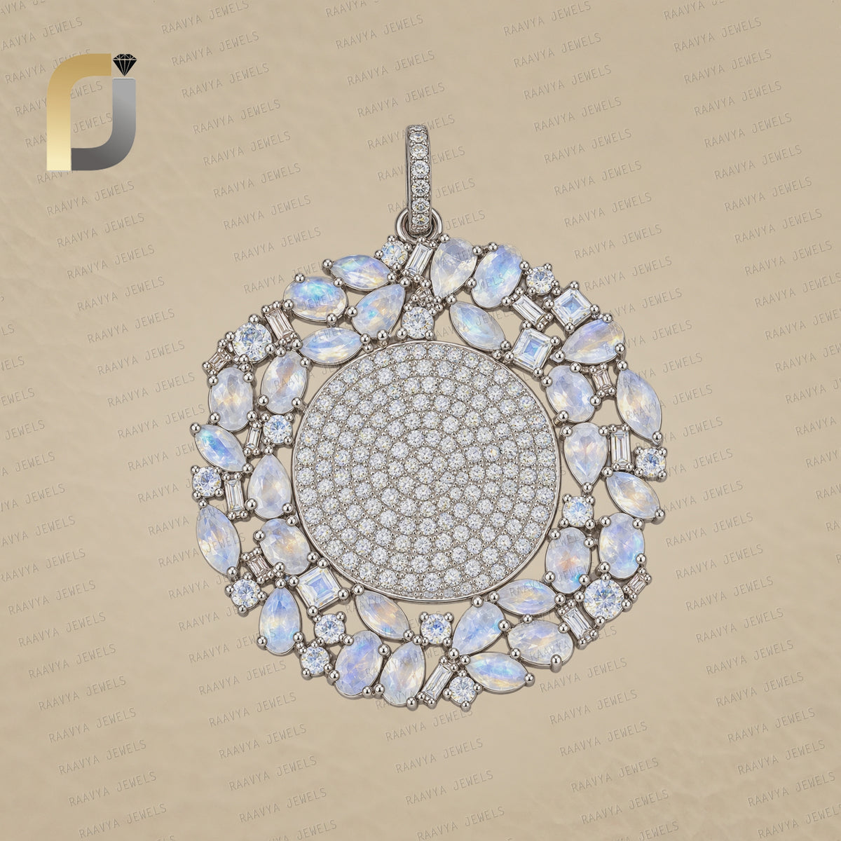 Pave Diamond Solid 925 Silver Round Charm Moon Gemstone Pendant