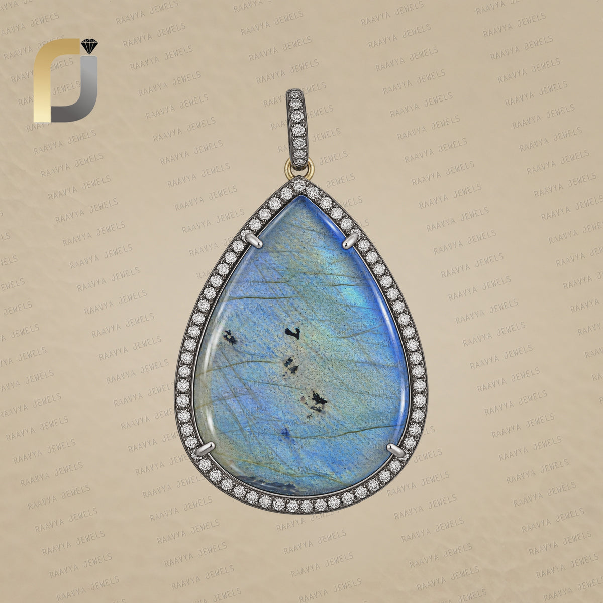 Pear Shape Labradorite Pave Diamond Silver Pendant