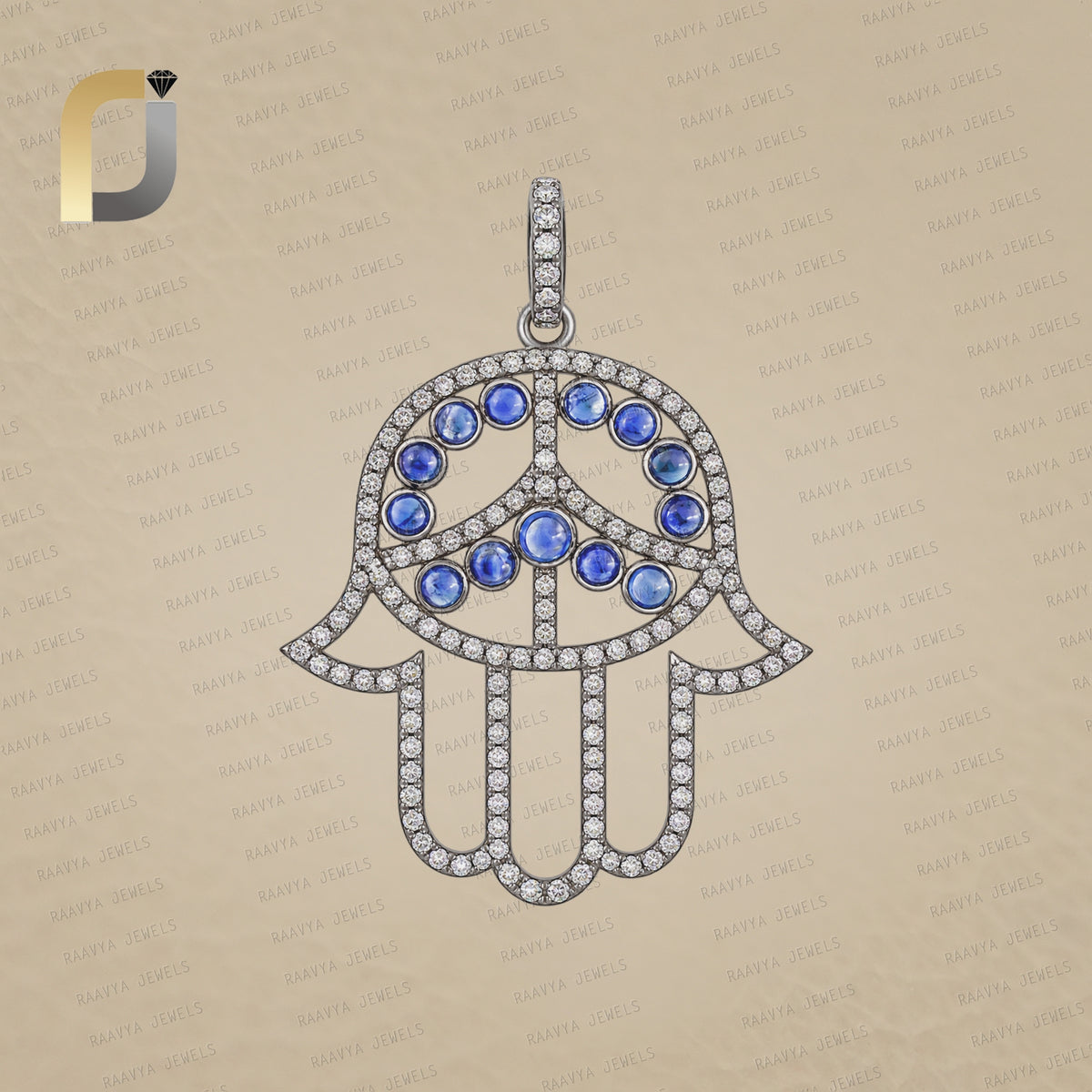 Blue Sapphire Diamond Hamsa Charm 925 Silver Pendant