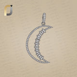 Silver Diamond & Baguette Diamond Crecent Moon Pendant Jewelry