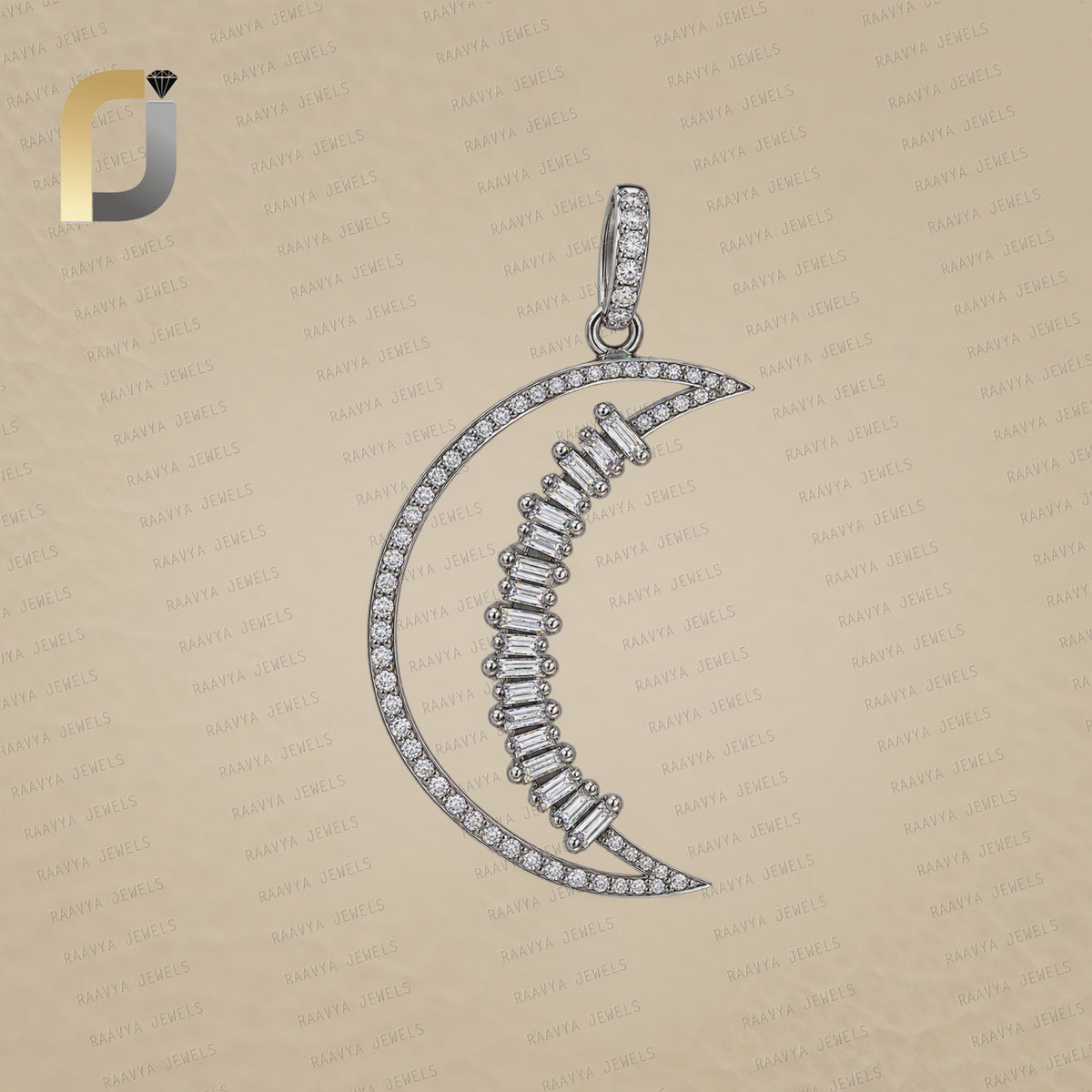 Silver Diamond & Baguette Diamond Crecent Moon Pendant Jewelry