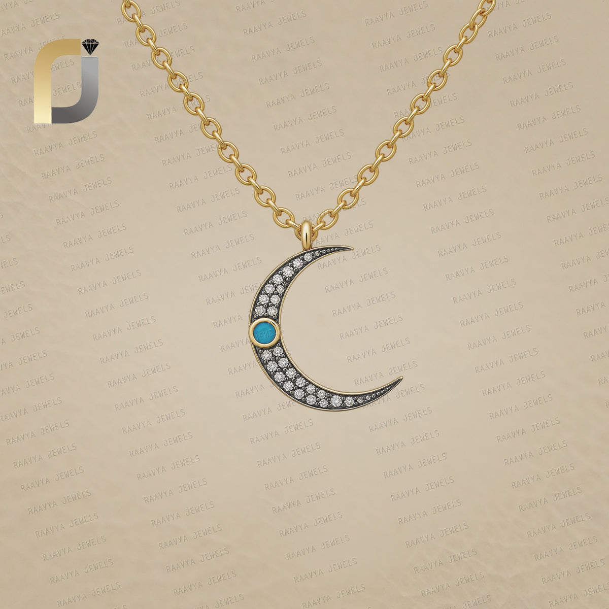 Diamond Crescent Moon Pendant 925 Silver Turquoise Charm Necklace