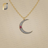925 Silver Necklace Diamond Moon Charm Ruby Pendant