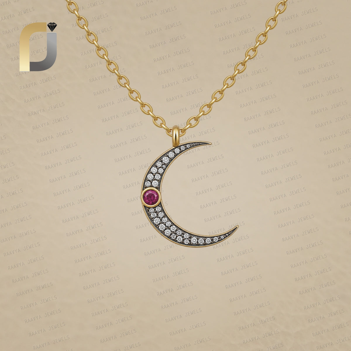 925 Silver Necklace Diamond Moon Charm Ruby Pendant