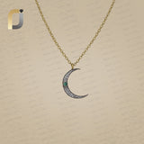 Pave Diamond Emerald Crescent Moon Charm Pendant Necklace