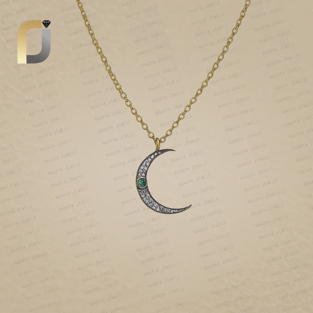 Pave Diamond Emerald Crescent Moon Charm Pendant Necklace