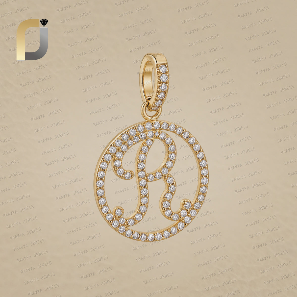 White Diamond 14K Soli Gold Pendant, Pave Diamond Initials Pendant