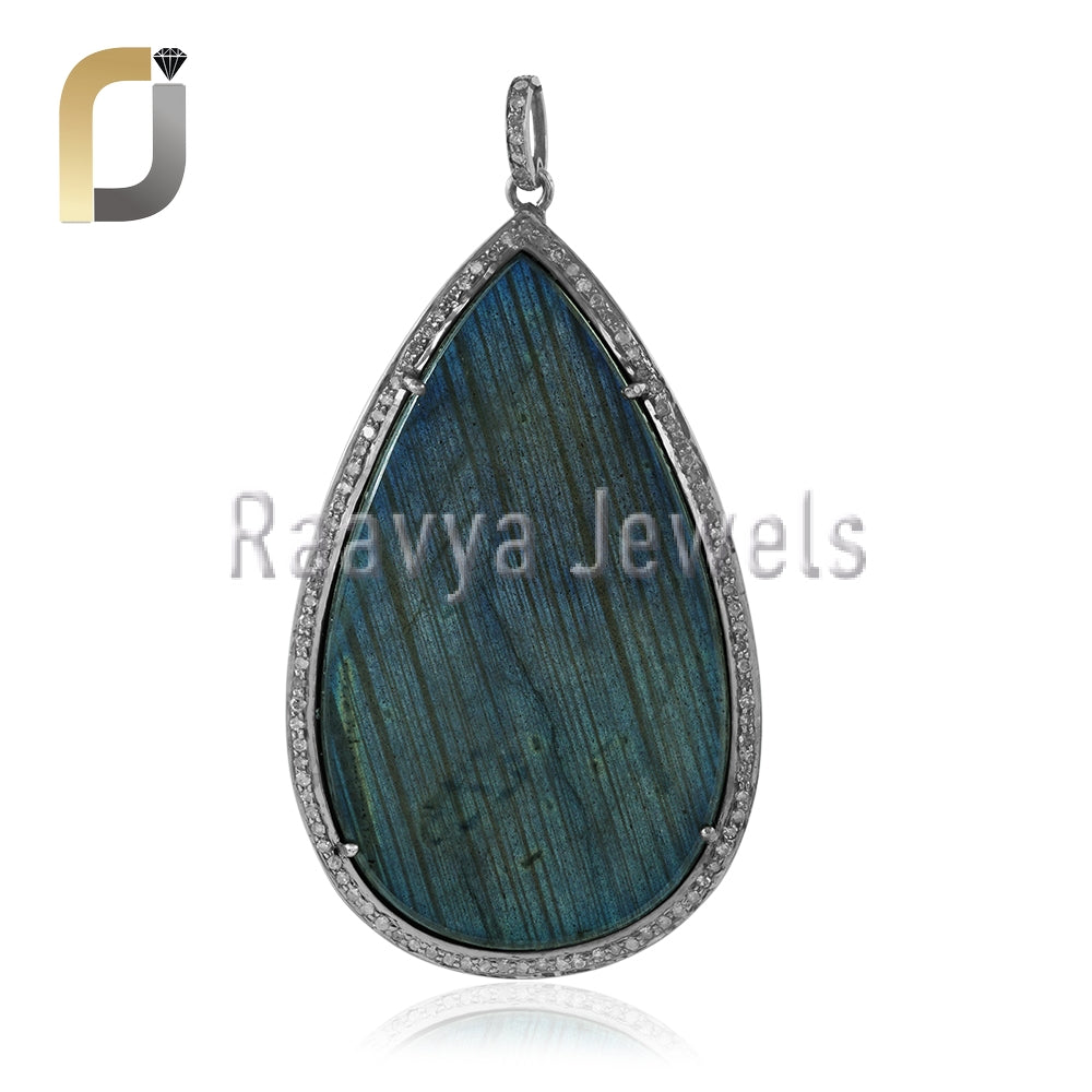 Labradorite & Diamond Silver Big Pendant Jewelry