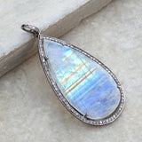 Rainbow Moonstone Diamond Silver Big Gemstone Pendant