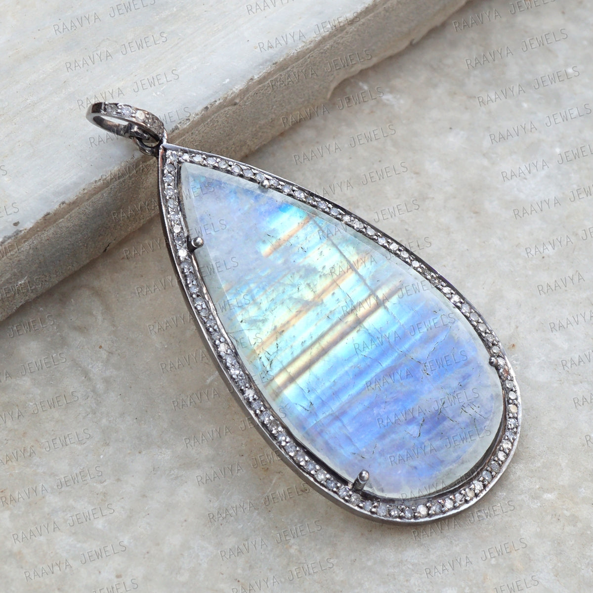 Rainbow Moonstone Diamond Silver Big Gemstone Pendant