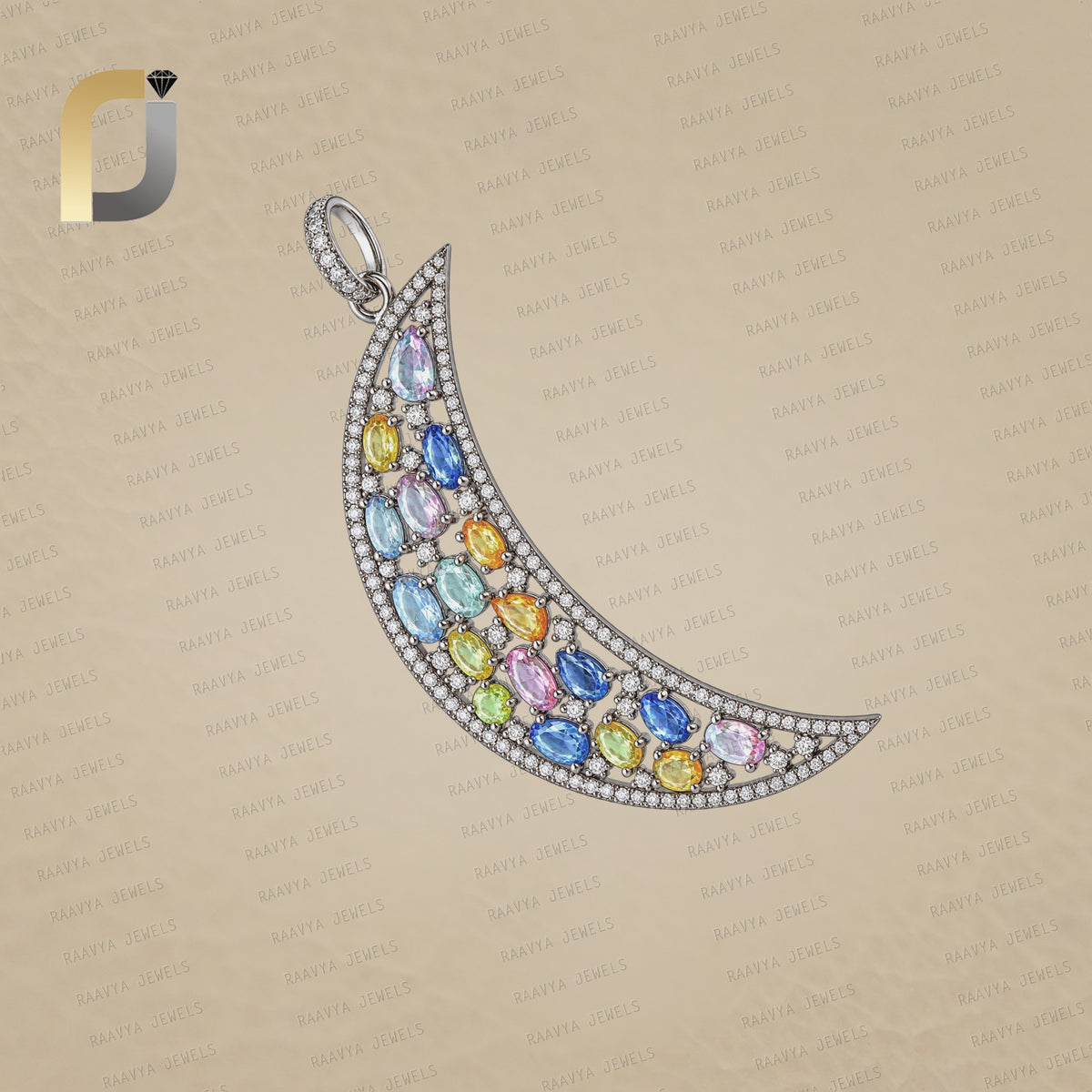 Natural Multi Sapphire Moon Pendant 925 Silver Moon Charm Jewelry