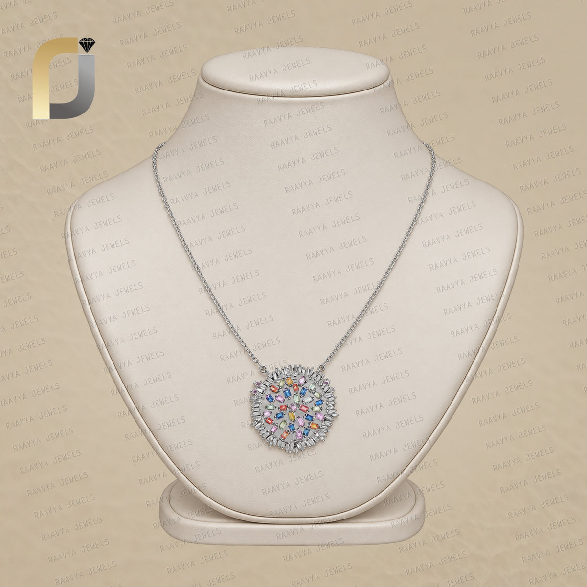 Baguette Diamond 925 Silver Multi Sapphire Necklace
