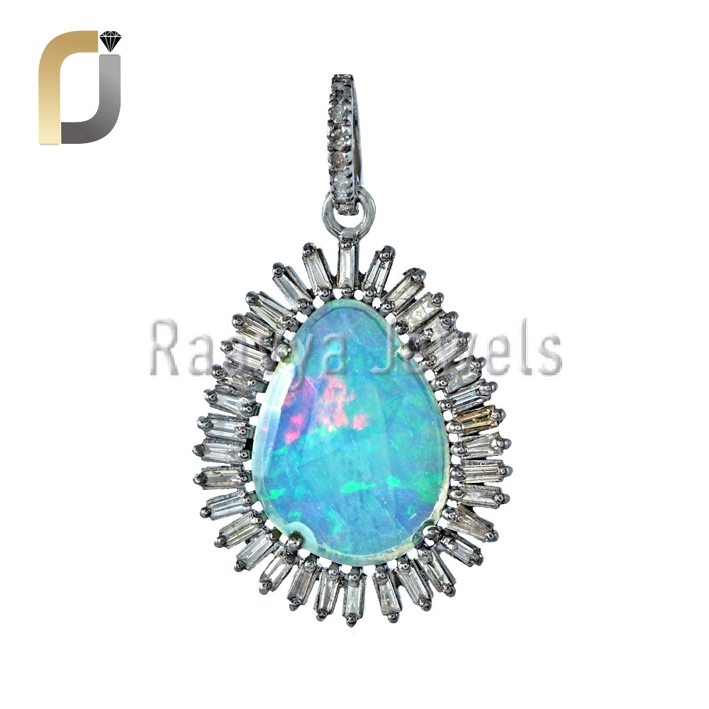 Opal Gemstone Baguette Diamond 925 Silver Pendant Jewelry
