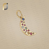 14K Solid Gold Multi Sapphire Crescent Moon Pendant