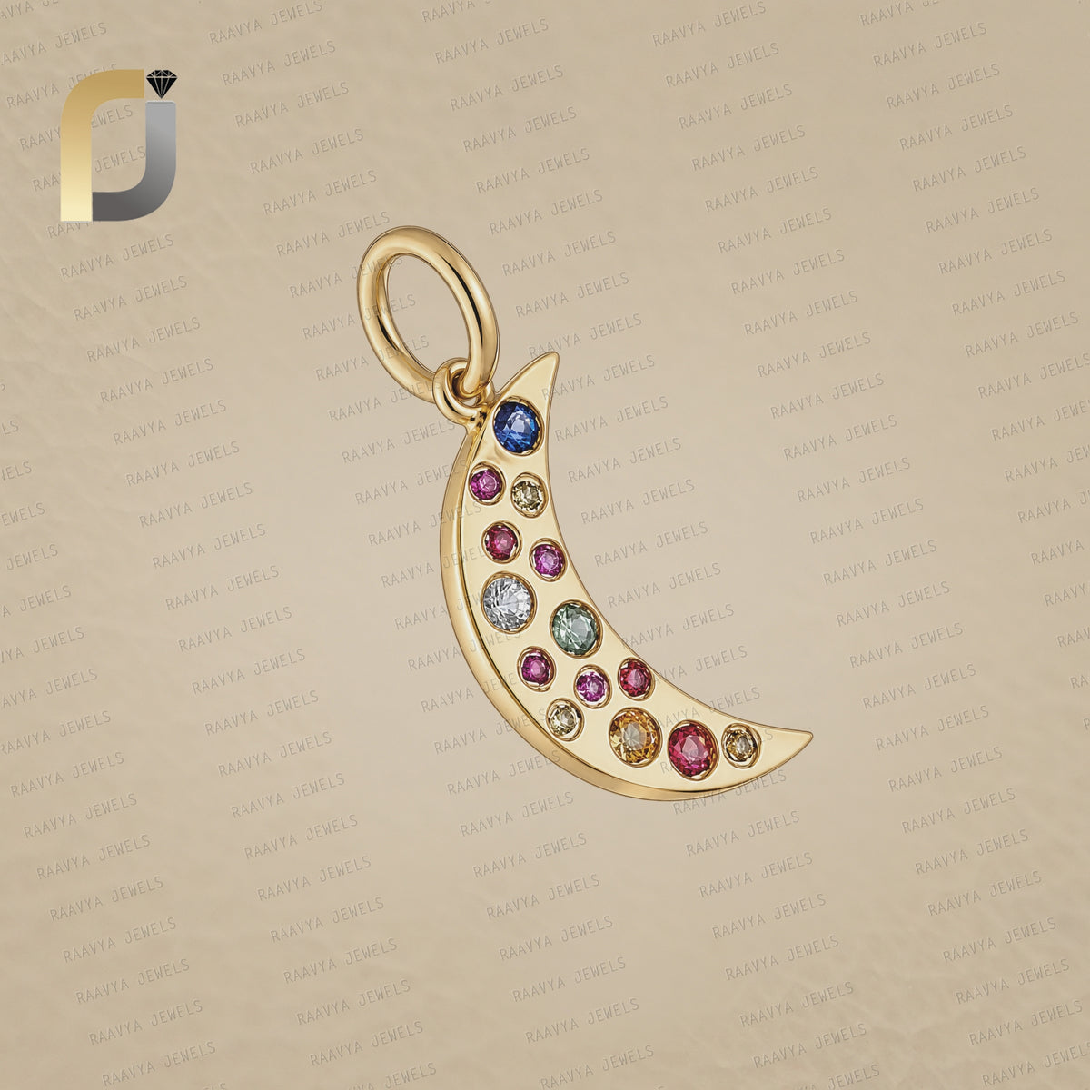 14K Solid Gold Multi Sapphire Crescent Moon Pendant