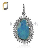 925 Silver Baguette Diamond Opal Gemstone Pendant Fine Jewelry
