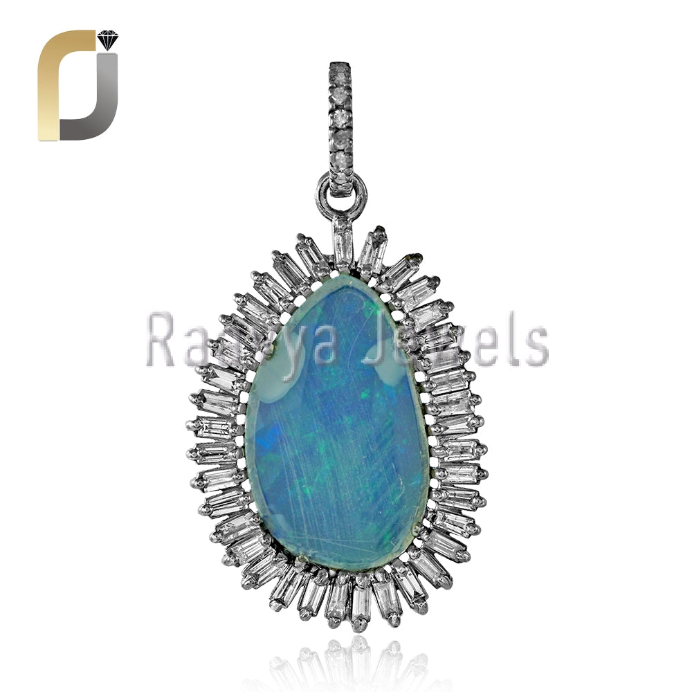 925 Silver Baguette Diamond Opal Gemstone Pendant Fine Jewelry