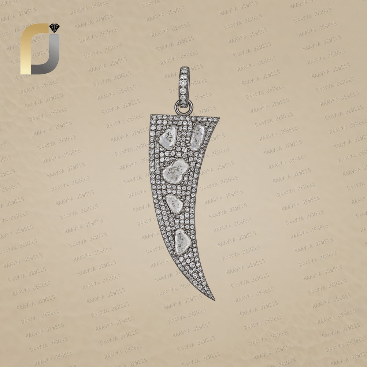 Slice, Champagne Diamond Oxidized 925 Silver Tooth Pendant Jewelry
