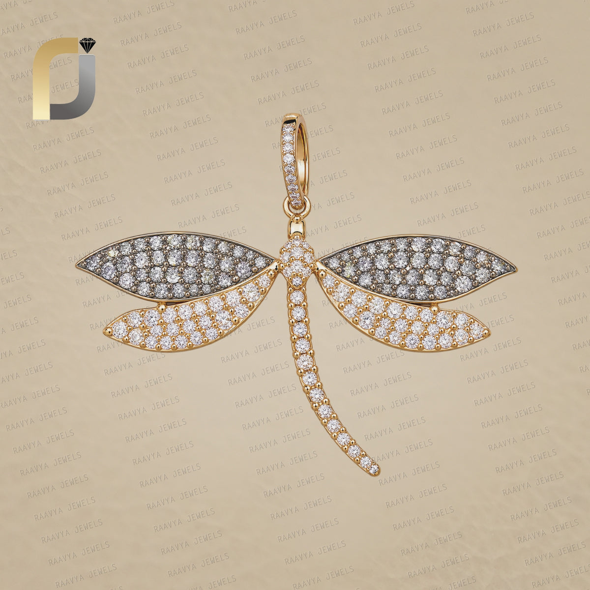 14K Yellow Gold White & Brown Diamond DragonFly Pendant Jewelry