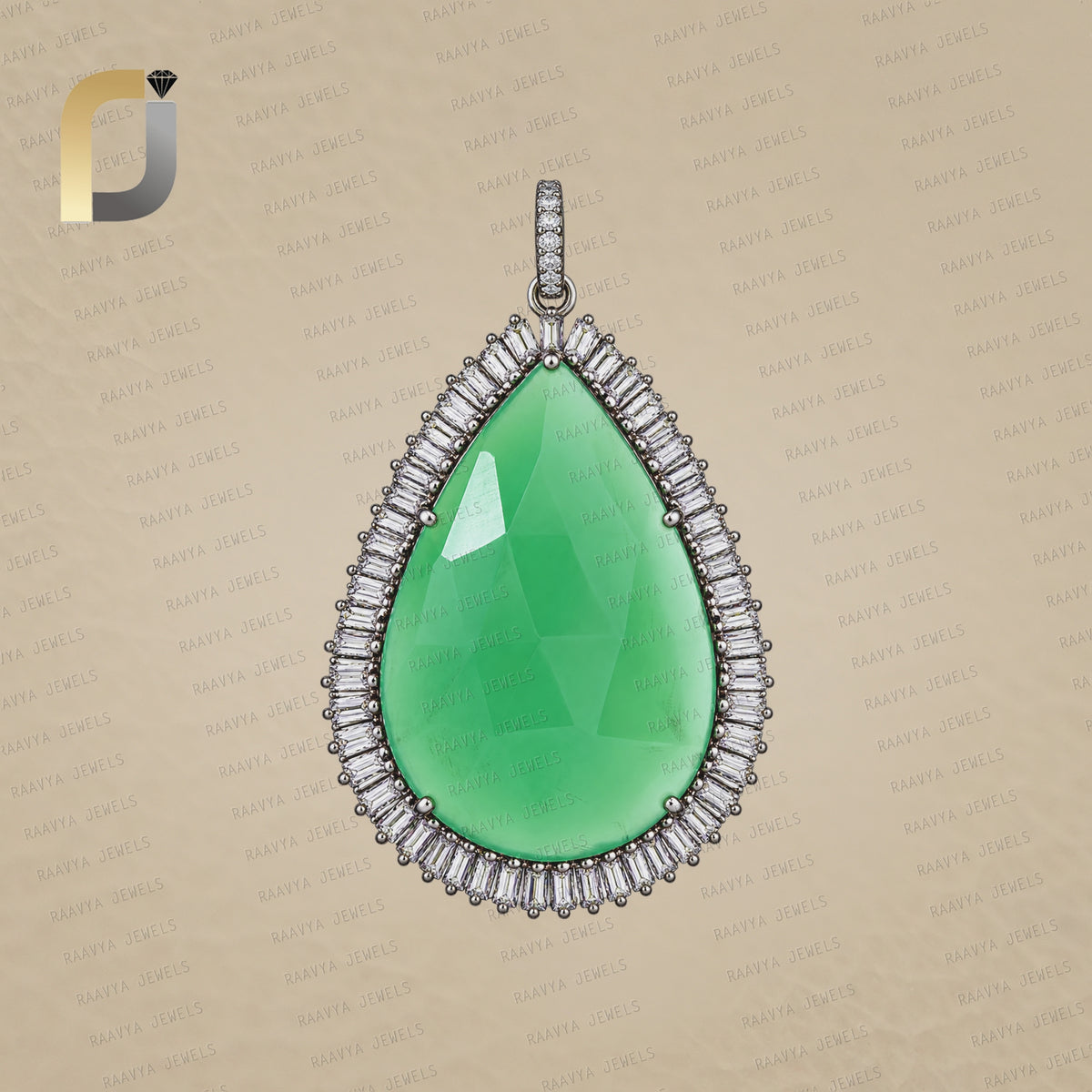 Baguette Diamond & Chrysoprase Gemstone Silver Pendant