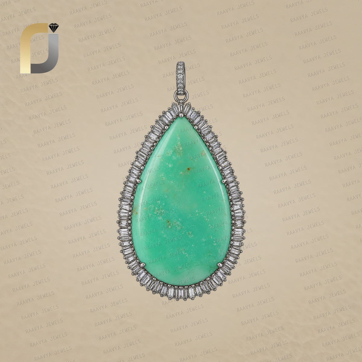 Baguette Diamond Chrysoprase Pendant Jewelry