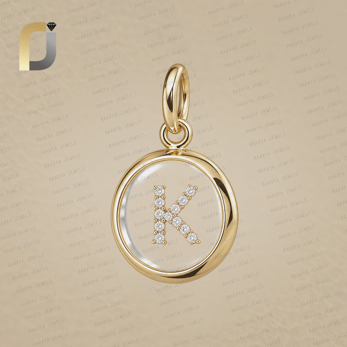 14K Solid Gold White Diamond Crystal K Initial Pendant Jewelry