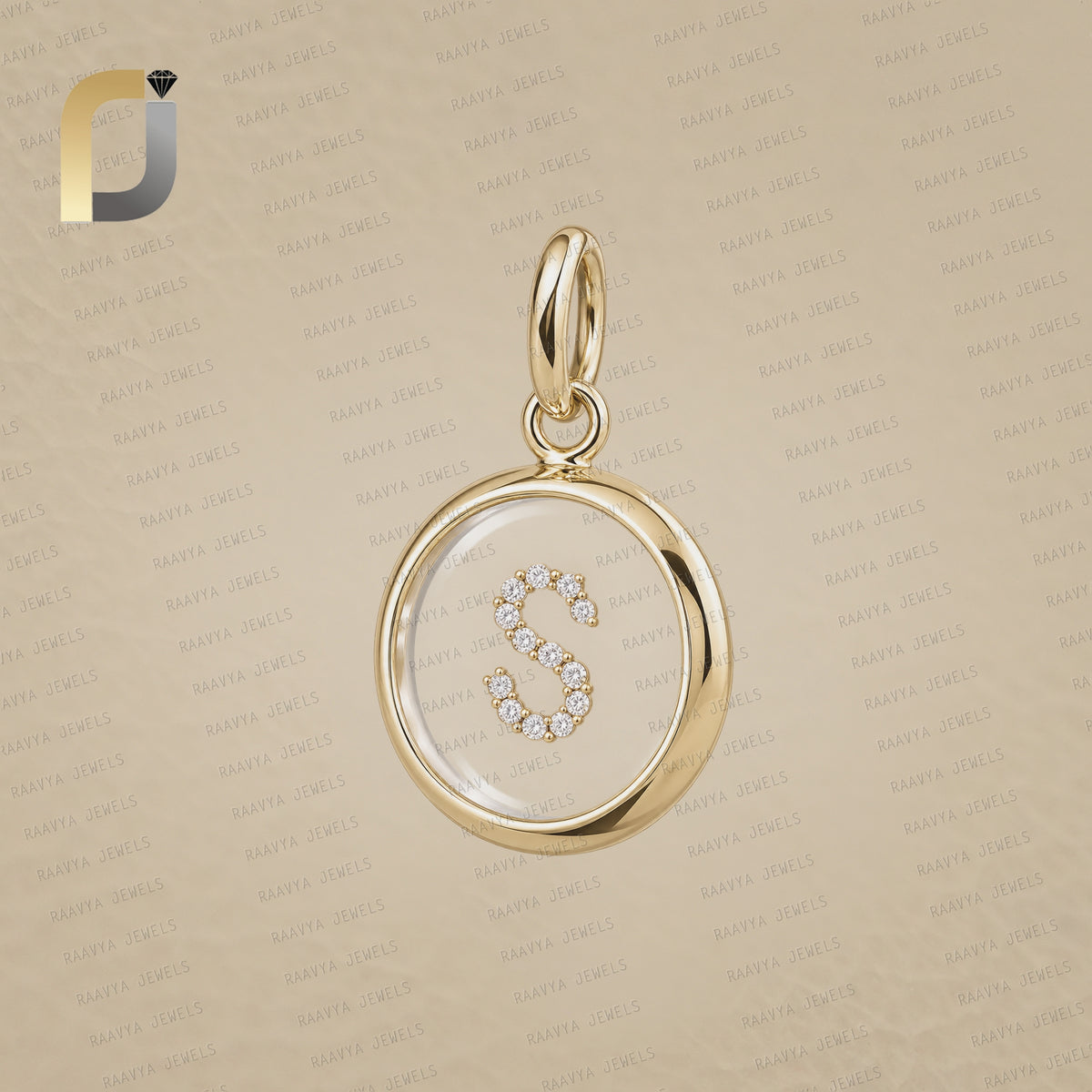 14K Solid Gold White Diamond Crystal S Initial Pendant