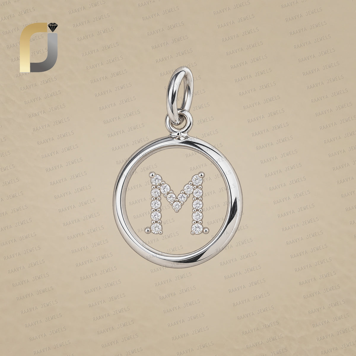 14K Solid White Gold White Diamond Crystal M Initial Pendant Jewelry