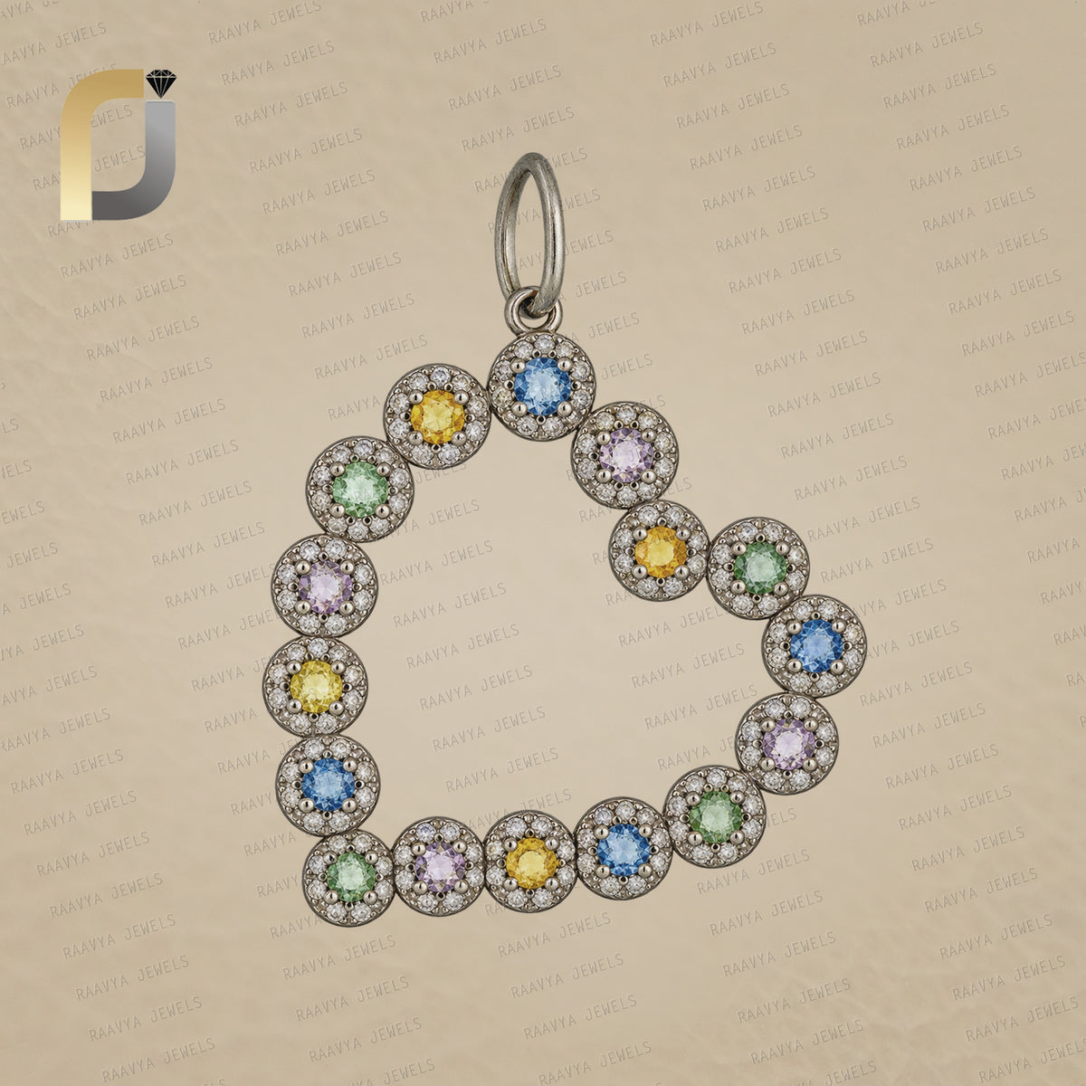 Multi Sapphire Pave Diamond Heart 925 Silver Pendant Jewelry